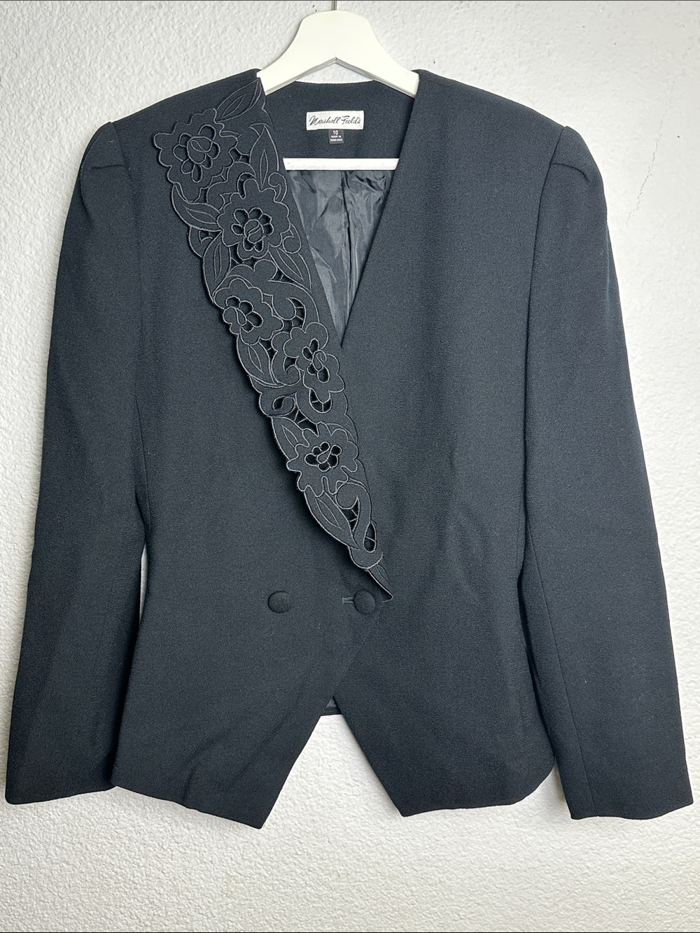 Marshall Field’s Black Wool Blazer Padded Shoulders Floral Lace Lapel Womens 10